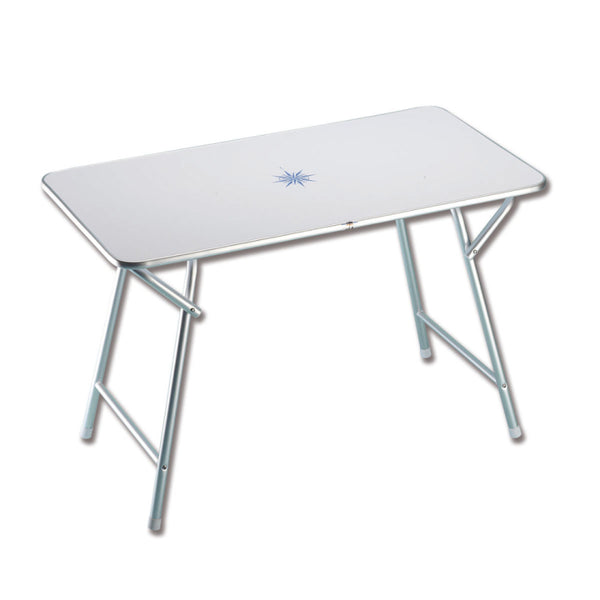 Tavolo pieghevole rettangolare in alluminio anodizzato con piano bianco decori nautici